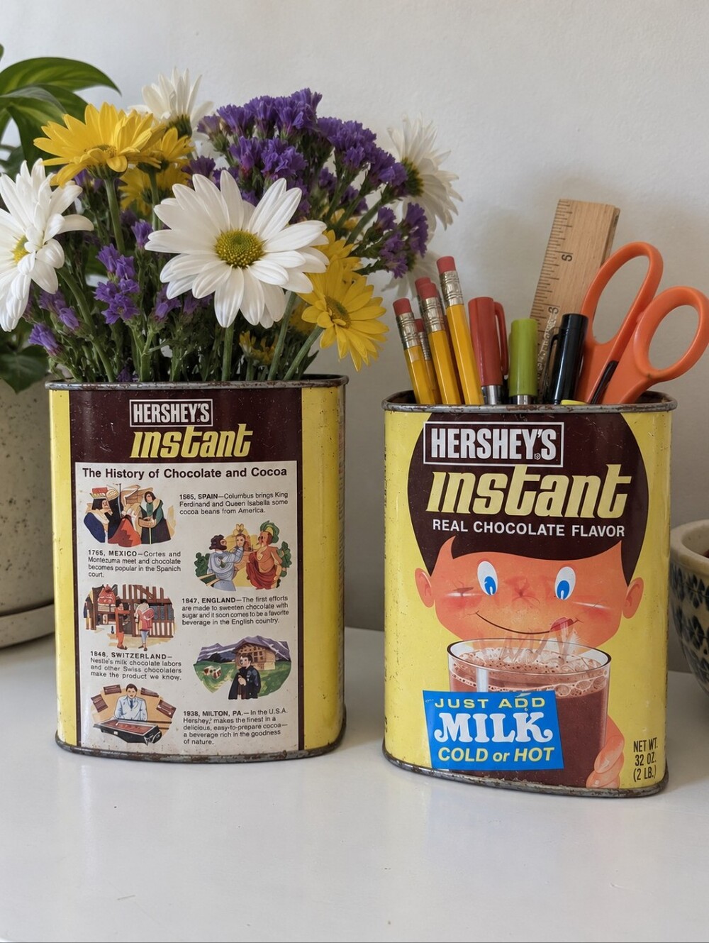 VINTAGE Hersheys Instant Real Chocolate Milk Flavor Canister Yellow 2pc Rare Lot